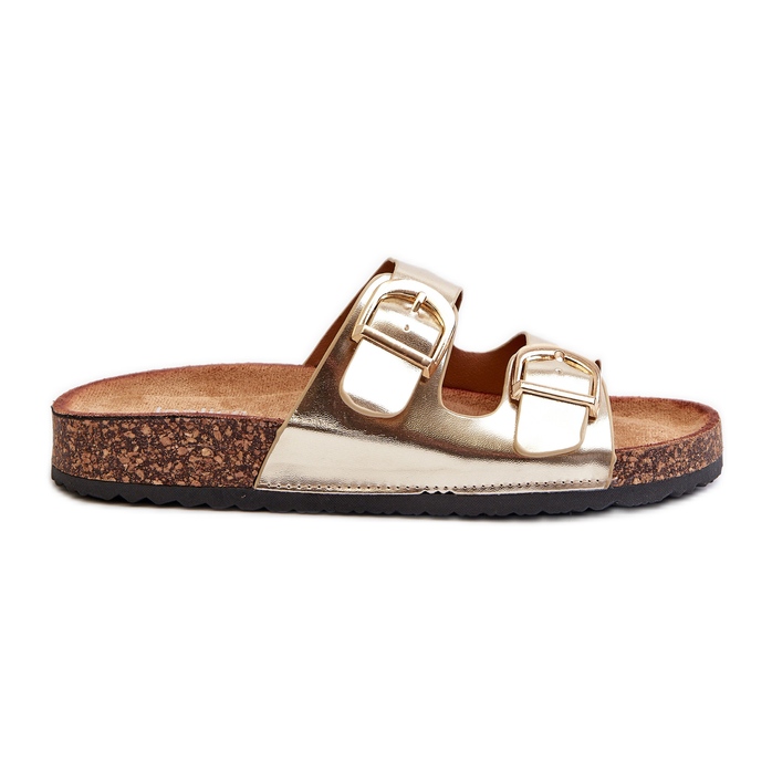 Women's flip-flops on a cork platform with straps, golden Doretta