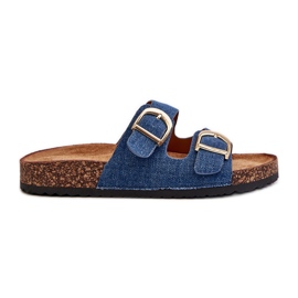 Women's denim flip-flops on a cork platform with straps, dark blue Doretta