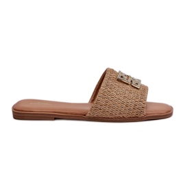 Women's flat flip-flops with braid and decoration, Beige Omenna