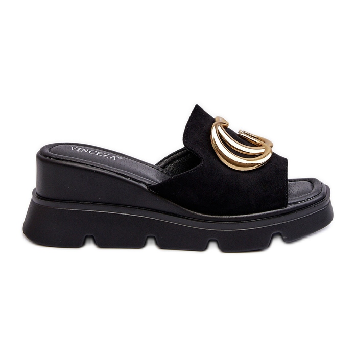 Vinceza Women's Flip-Flops Made of Eco Suede on a Wedge and Platform with Gold Decoration, Black Iaria