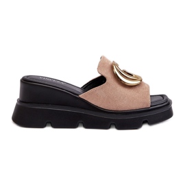 Vinceza Women's Flip-Flops Made of Eco Suede on a Wedge and a Platform with a Gold Decoration, Beige Iaria