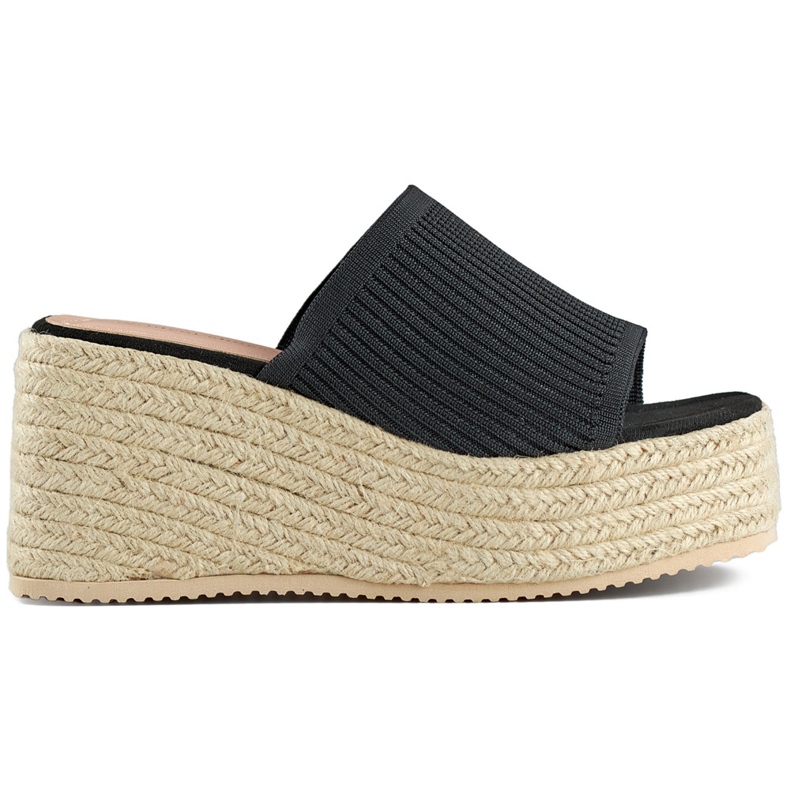 Black espadrille flip-flops with a high wedge