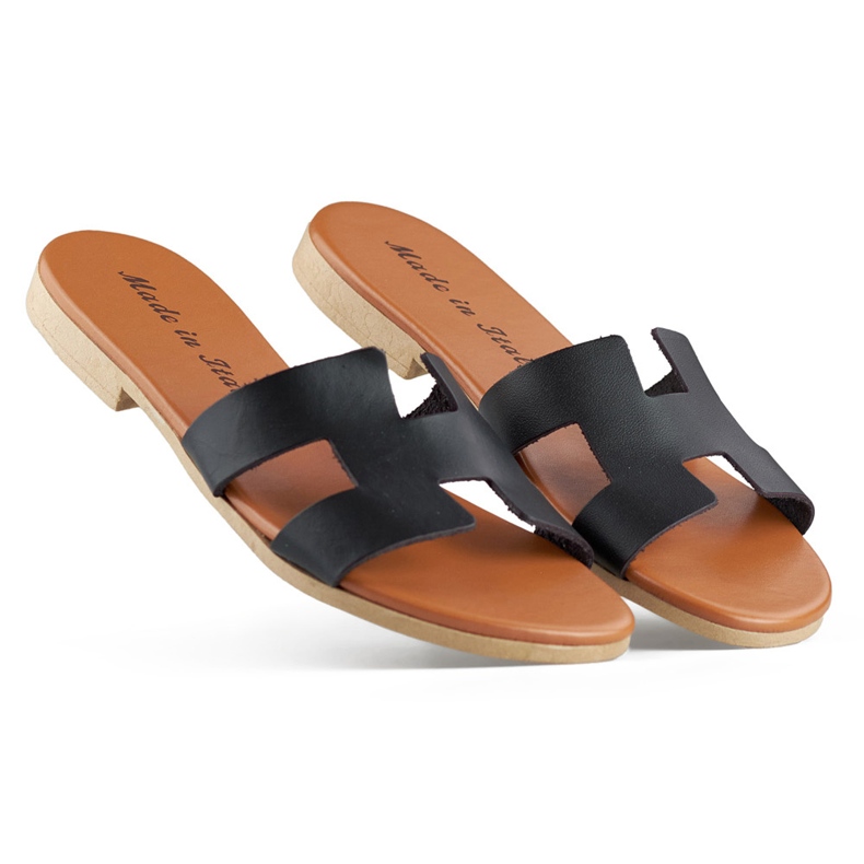 Black women's slippers made of natural leather