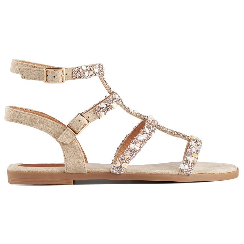 Beige women's gladiator sandals with decorative stones