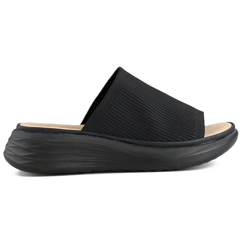 Black soft women's flip-flops on a platform, flip-flops with a sock upper