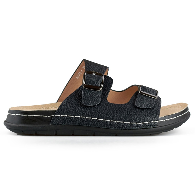 Comfortable black women's flip-flops with two buckles and a leather insole