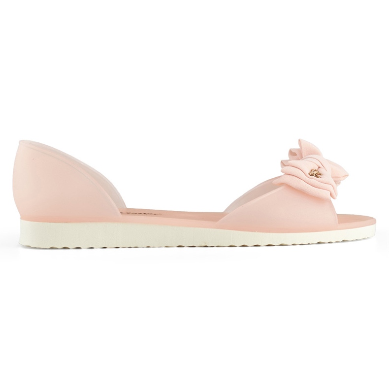 Light pink open ballet flats with a bow
