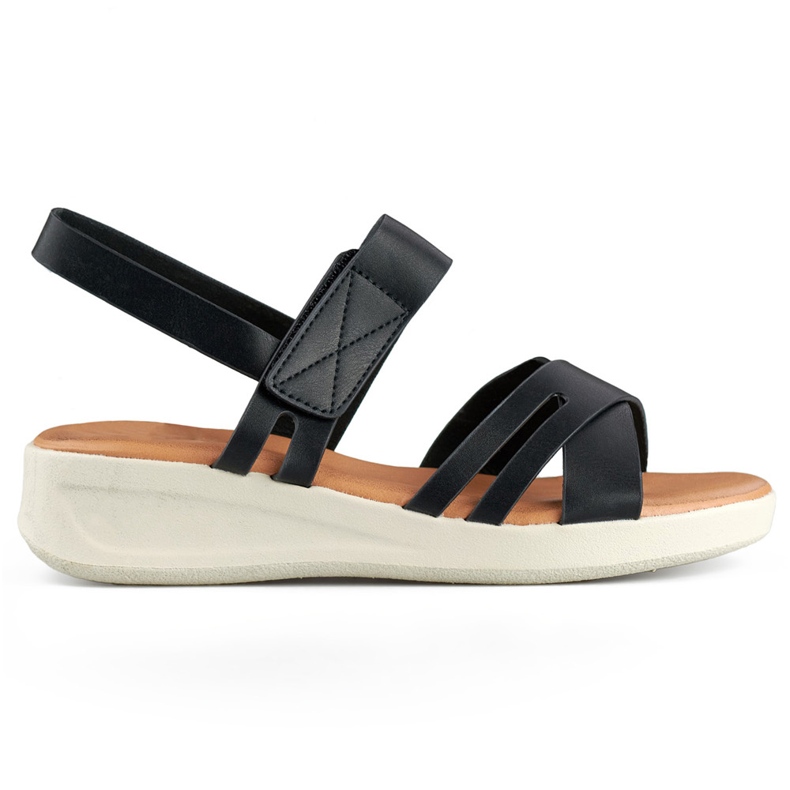 Black comfortable women's velcro sandals with a low wedge