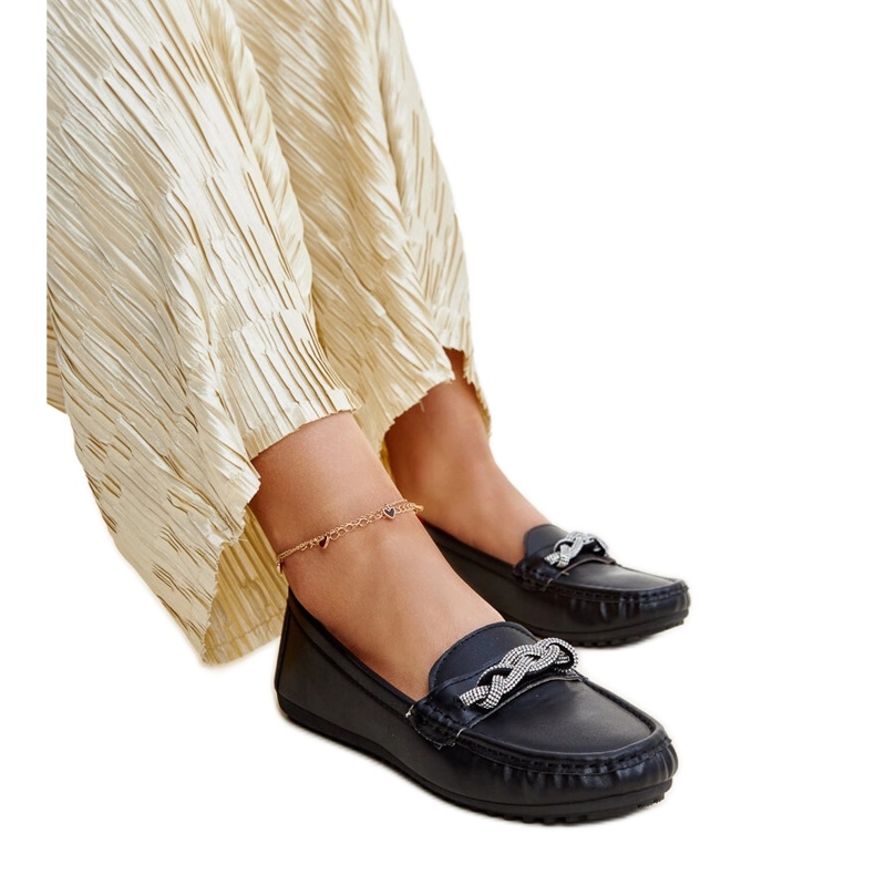 Black moccasins decorated with Adiba rhinestones