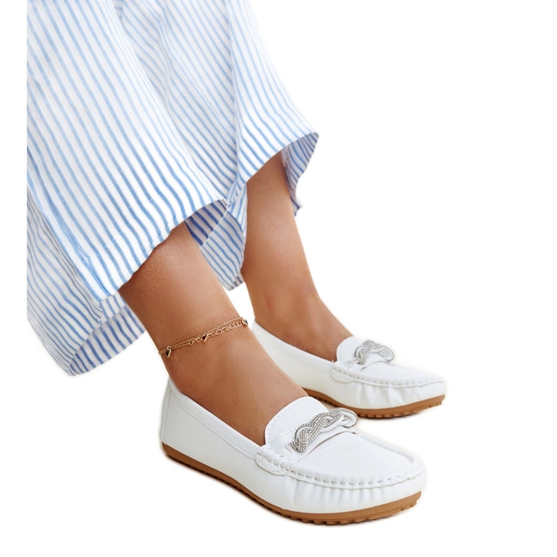 White moccasins decorated with Adiba rhinestones