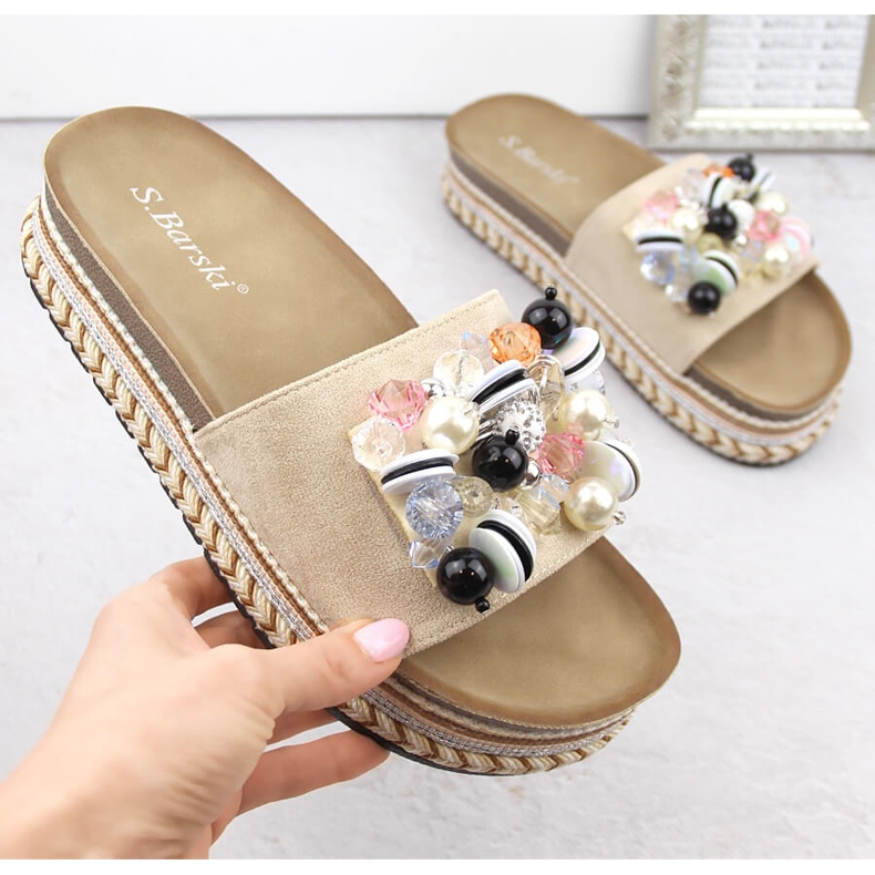 Women's platform slippers with beads, beige S.Barski HY077