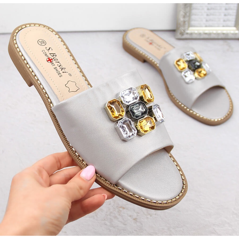 Women's comfortable silver slippers with zircons S.Barski 031