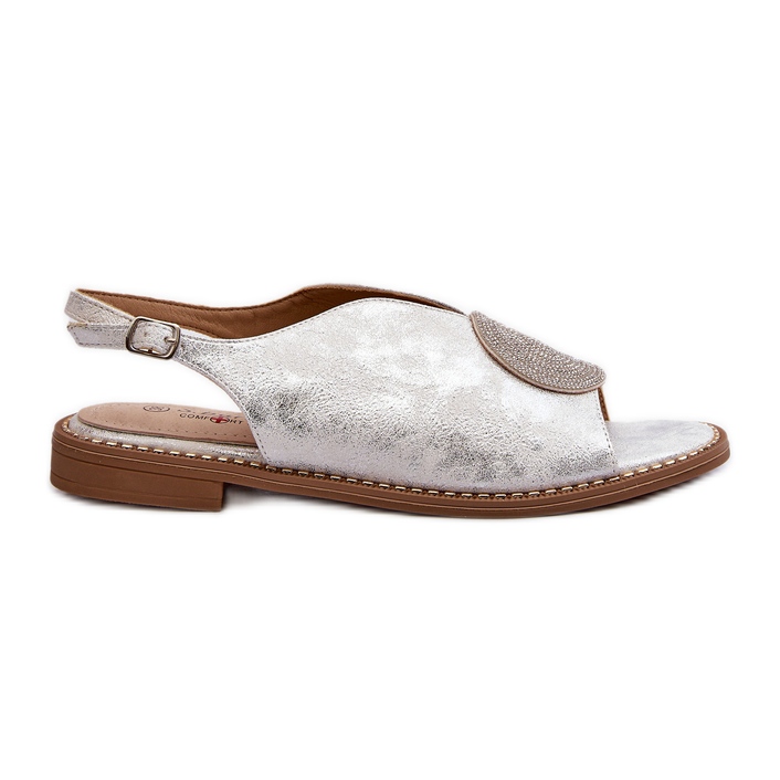 Women's Sandals With Decoration On Flat Heels S.Barski KV24-057 Silver