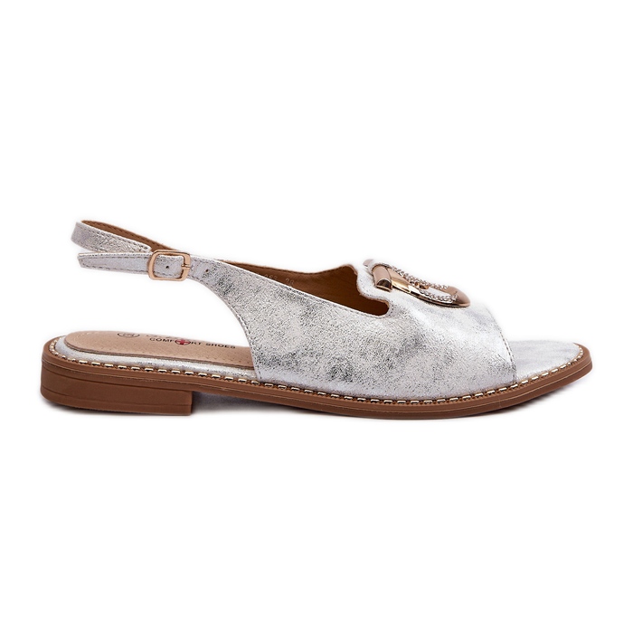 Elegant Women's Sandals With Gold Decoration On Flat Heels, Silver S.Barski KV27-053 Elegant Women's Sandals With Gold Decoration On Flat Heels, Silver S.Barski KV27-053