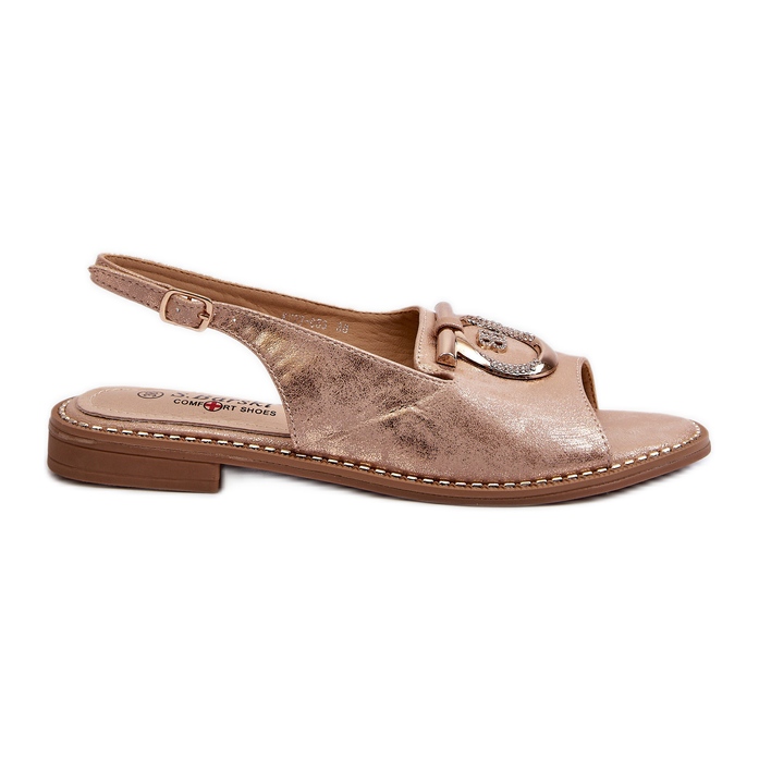 Elegant Women's Sandals With Gold Decoration On Flat Heels, Rose Gold S.Barski KV27-053 golden