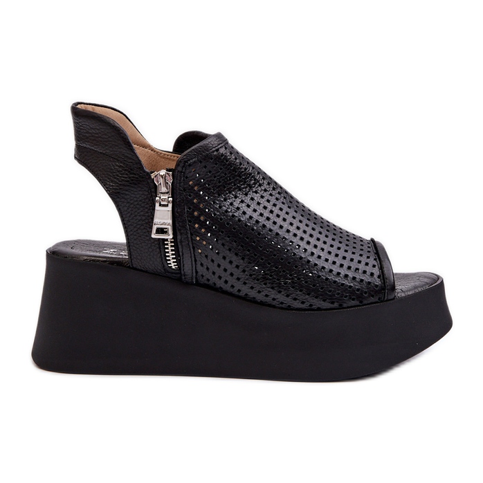 Zazoo 1792 Leather Openwork Wedge Sandals, Black