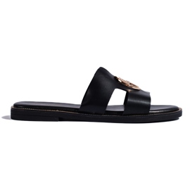 Black flat flip-flops with gold decoration
