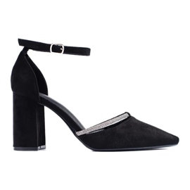 Black suede high-heeled pumps