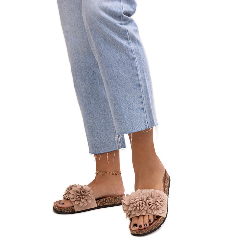 Flip-flops with flowers on a cork sole by Almida beige