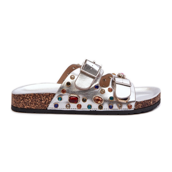 Decorated Women's Flip Flops With Buckles S.Barski MY121 Silver