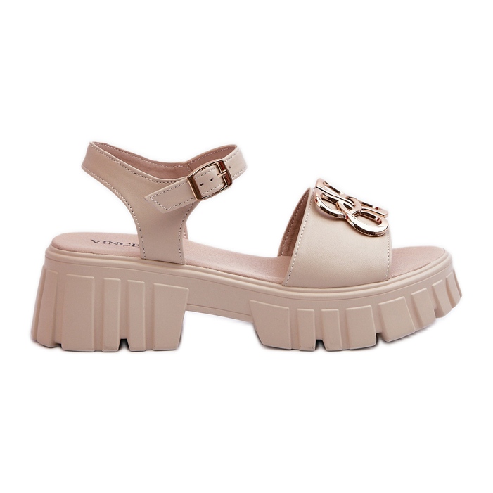 Beige Women's Leather Sandals With Gold Decoration Vinceza 7910