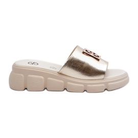 Women's Leather Flip-Flops With Gold Decoration On Wedges Vinceza 41444 Gold golden