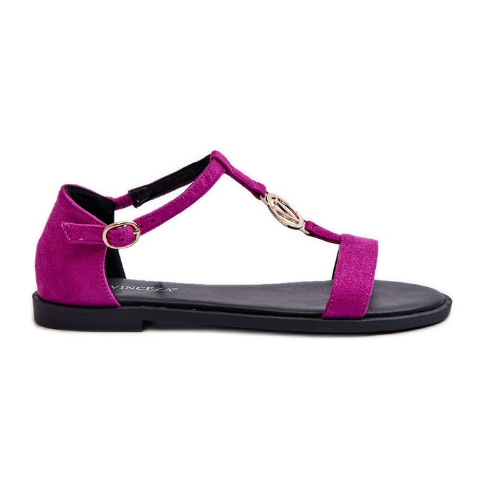 Women's flat sandals with gold decoration Vinceza 17321 Fuchsia pink