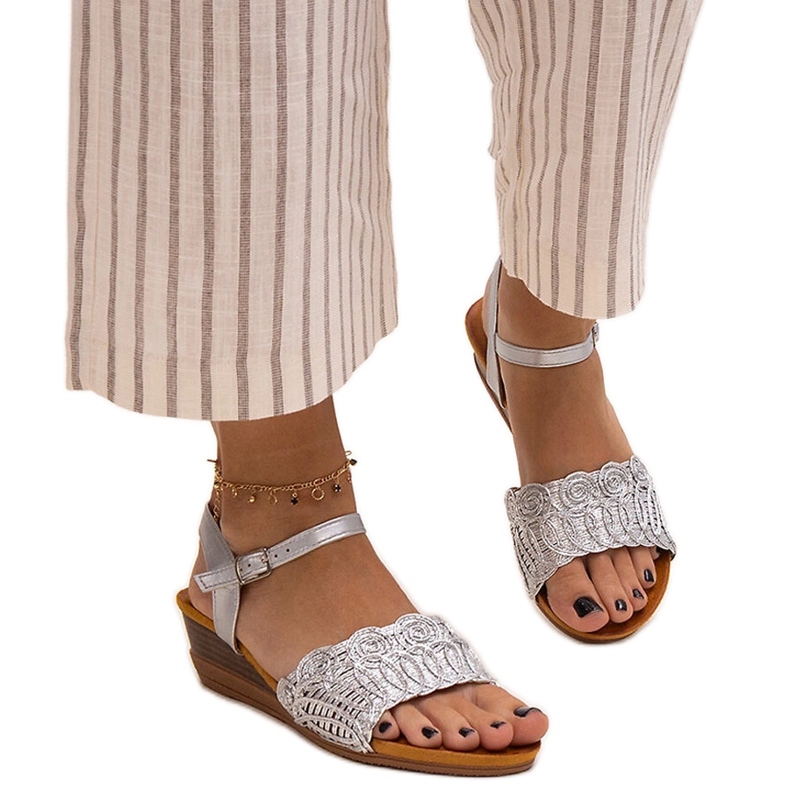 Maimoona embroidered low wedge sandals silver