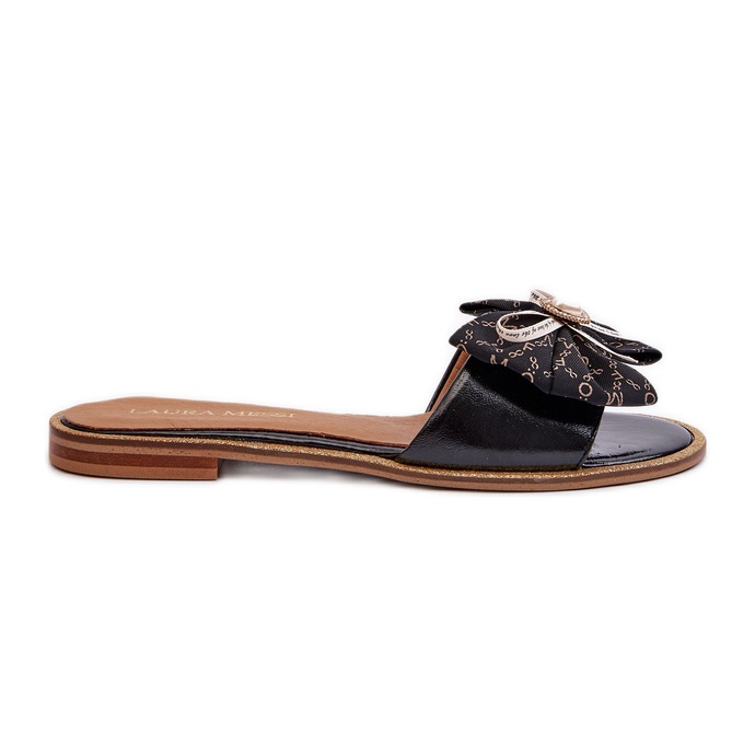 Women's Flat Leather Flip-Flops With a Bow Laura Messi 2791 Black
