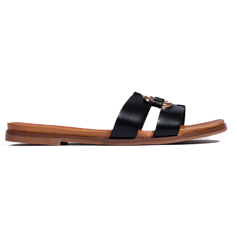 Black flip-flops with a gold buckle by Sergio Leone