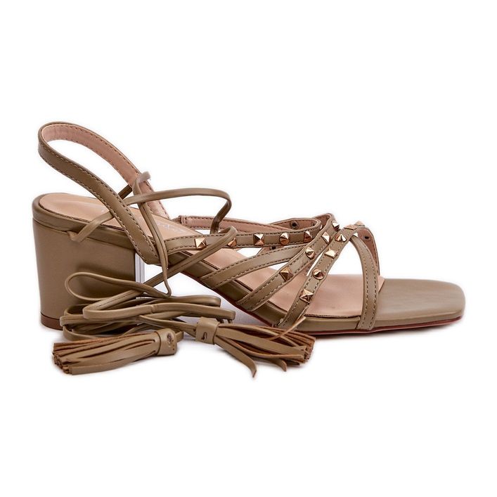 Tied Low Heel Sandals Decorated with Studs, Green Chrisele