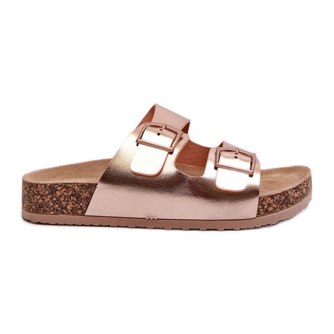 Evento Women's Flip-Flops on a Cork Platform with Buckles, Rose Gold, Klinesta golden