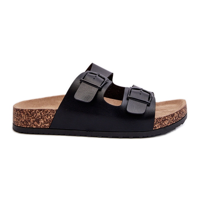 Women's Flip-Flops on a Cork Platform with Buckles, Black Klinesta
