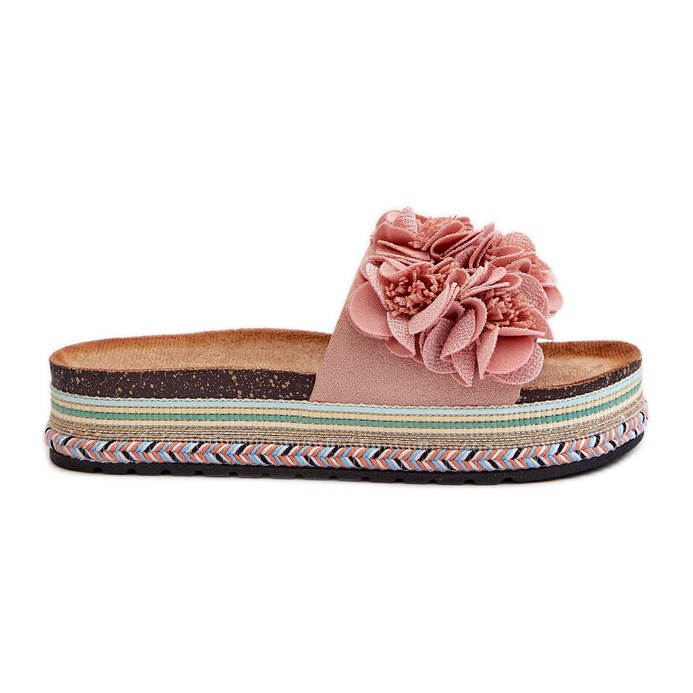 Women's Platform Flip Flops Decorated with Flowers, Pink Nodina