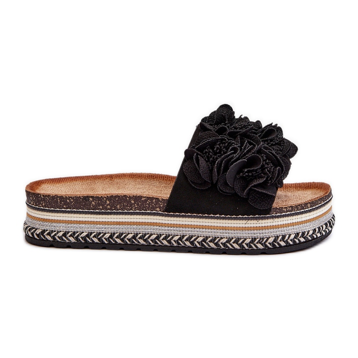Women's Platform Flip Flops Decorated with Flowers, Black Nodina