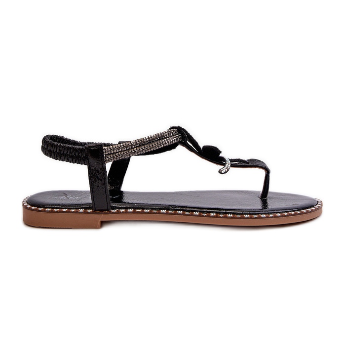 Women's flat sandals with a decorative flower, Black Edoni Women's flat sandals with a decorative flower, Black Edoni