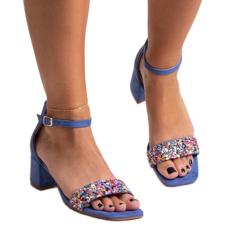 High heel sandals with colorful Ghuson stones blue