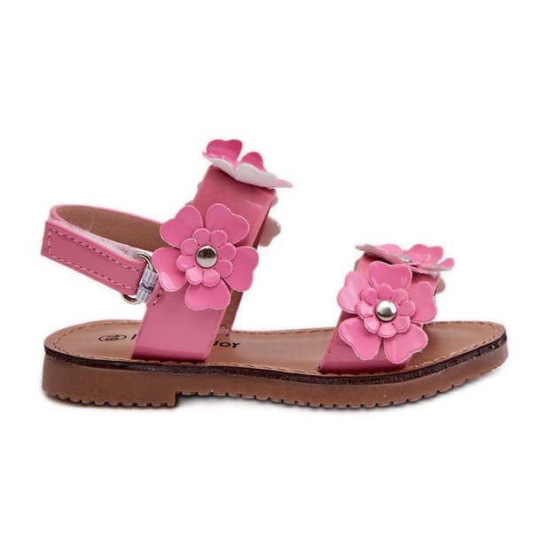 Lacquered Children's Sandals Decorated with Flowers, Pink Tinette