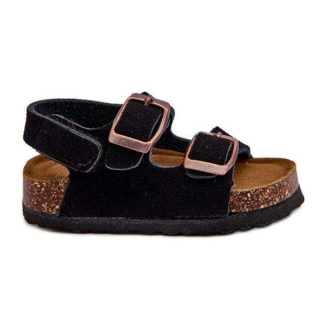 Children's Sandals on a Cork Platform, Fastened with Velcro, Black Rorria