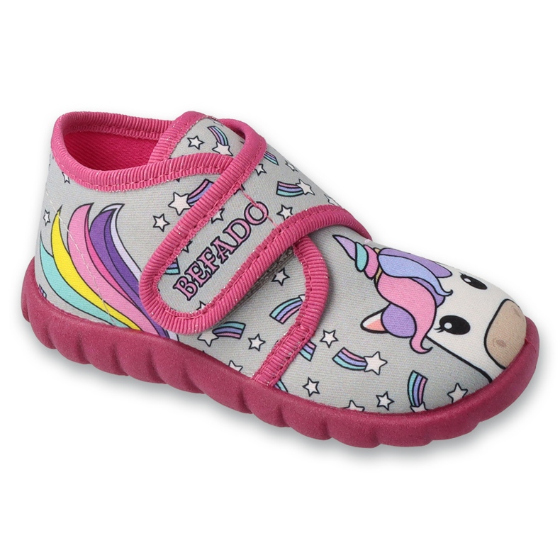 Befado children's slippers with velcro, pink 465P168, unicorn grey Befado children's slippers with velcro, pink 465P168, unicorn grey