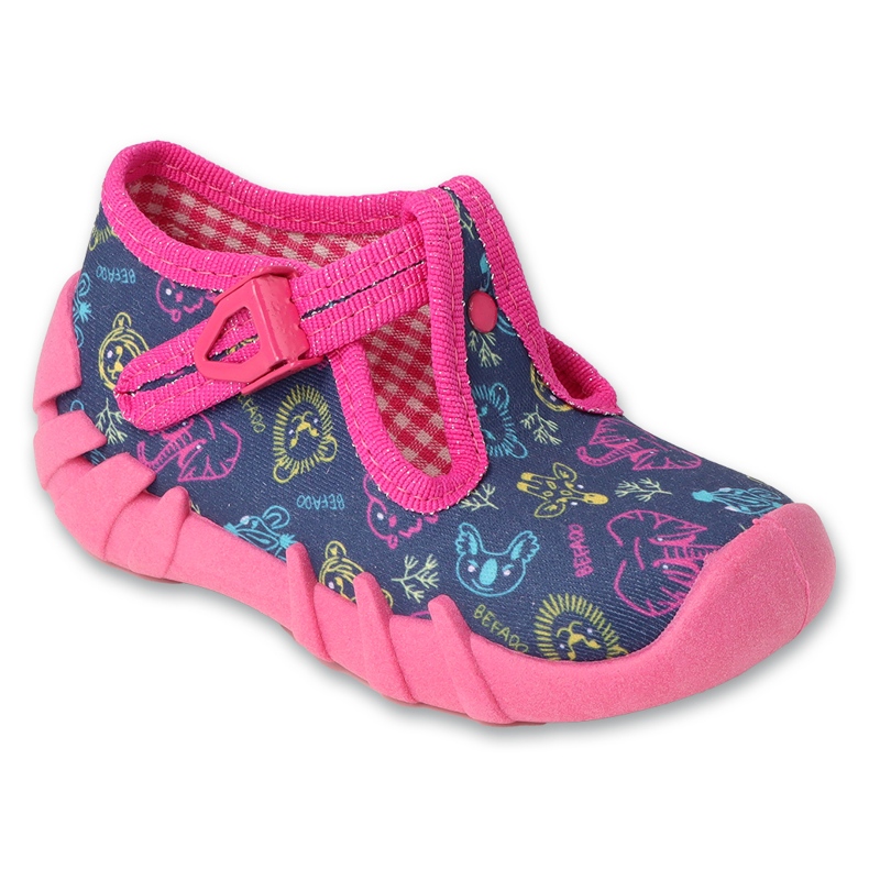 Befado children's slippers with a clasp 110N492, pink with colorful applications blue