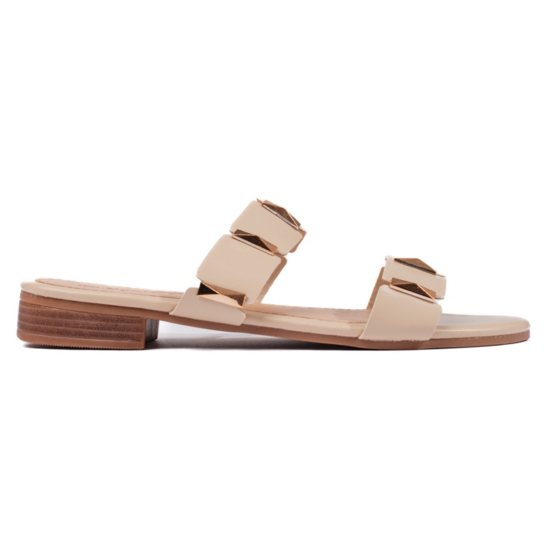Beige women's flip-flops with a flat sole