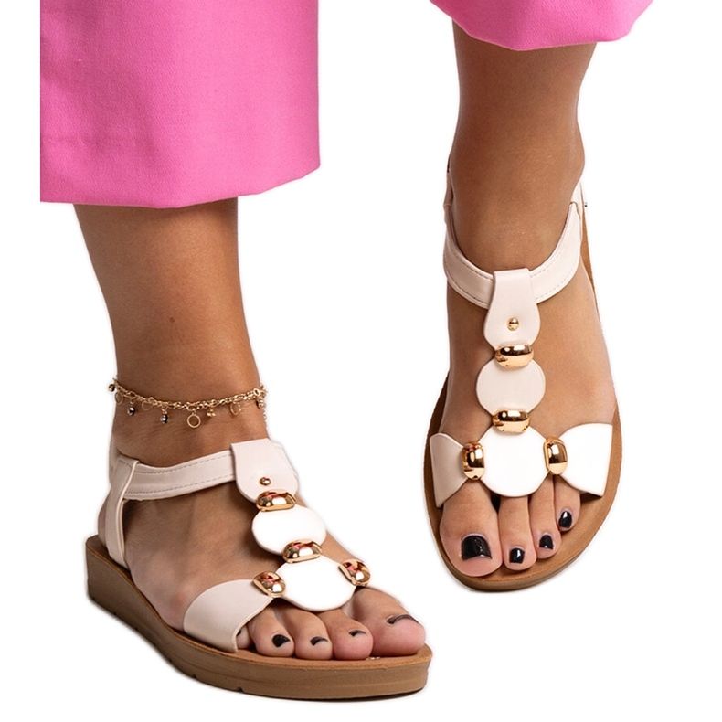 Beige sandals with gold Amethyst accessories