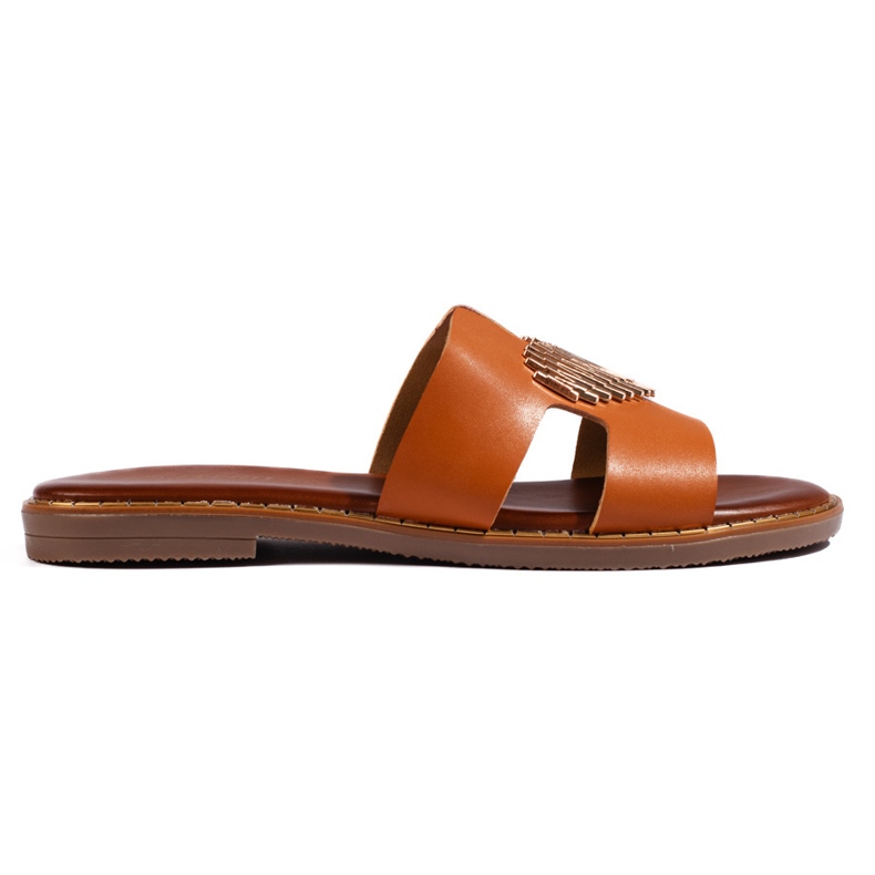 Brown elegant flip-flops with a golden heart