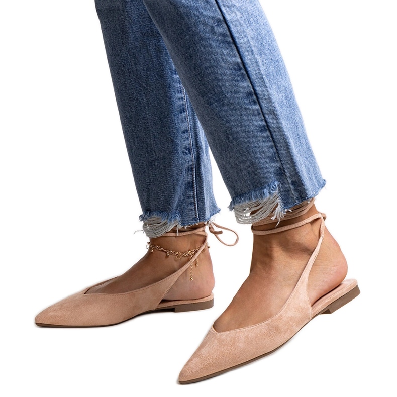 Leaia lace-up beige ballet flats with open heel