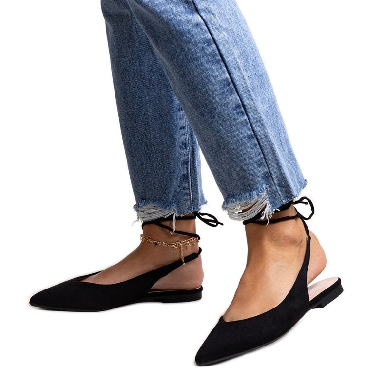 Leaia lace-up black ballet flats with open heel