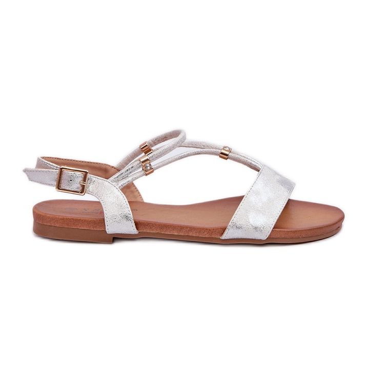 Women's Flat Sandals With Straps S.Barski KV27-010 White and Silver