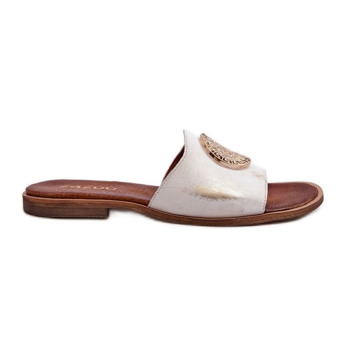 Zazoo 2938 Leather Flip-Flops On a Flat Heel With a Gold Decoration, Brushed golden