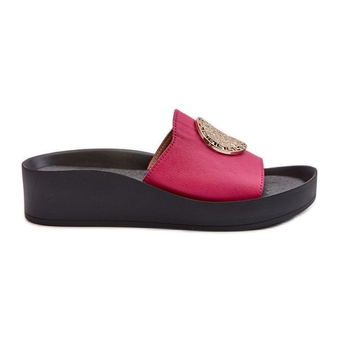 Zazoo 2920 Women's Leather Wedge Flip-Flops With Gold Details Fuchsia pink