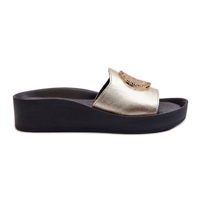 Zazoo 2920 Women's Leather Wedge Flip-Flops With Gold Detail Gold golden